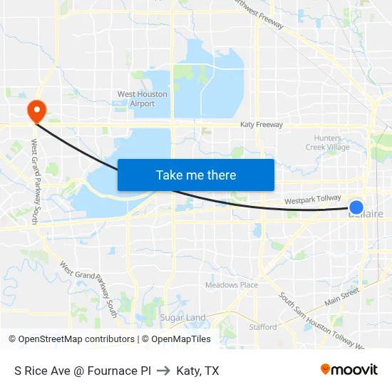 S Rice Ave @ Fournace Pl to Katy, TX map