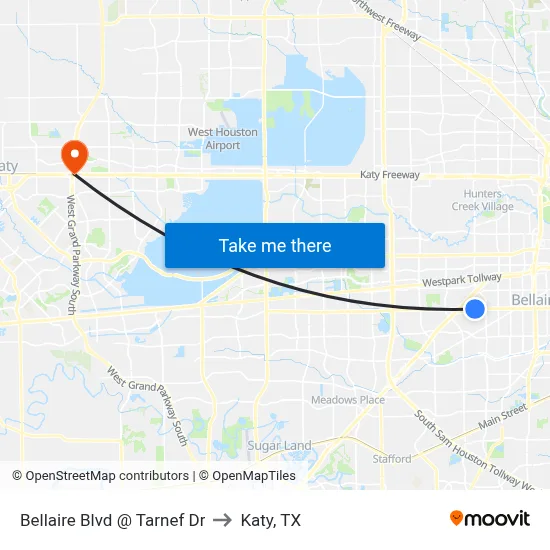 Bellaire Blvd @ Tarnef Dr to Katy, TX map