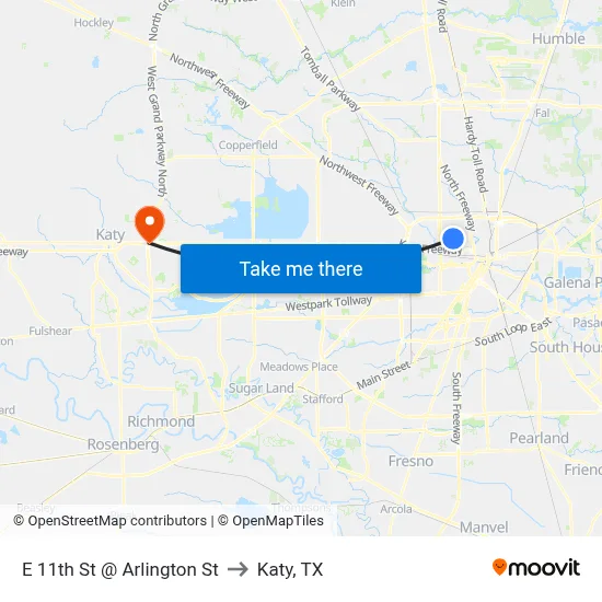 E 11th St @ Arlington St to Katy, TX map