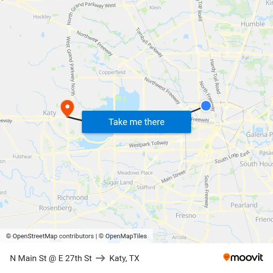 N Main St @ E 27th St to Katy, TX map