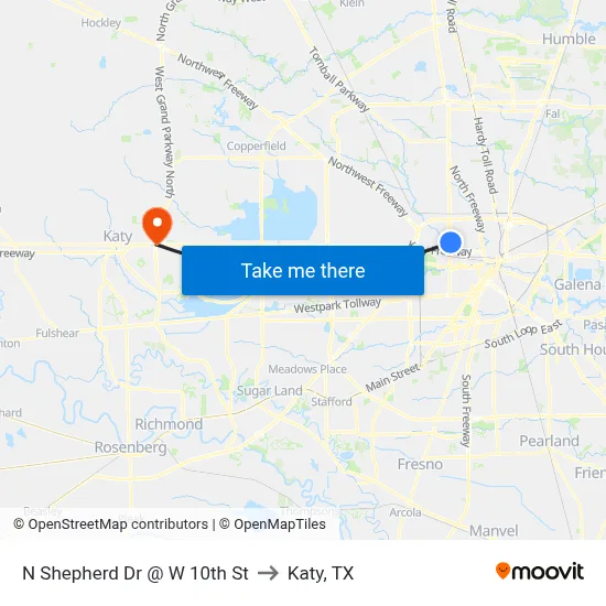 N Shepherd Dr @ W 10th St to Katy, TX map
