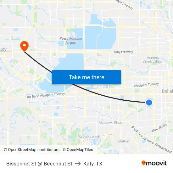 Bissonnet St @ Beechnut St to Katy, TX map