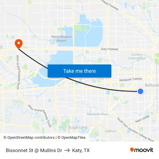 Bissonnet St @ Mullins Dr to Katy, TX map