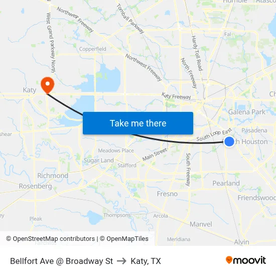 Bellfort Ave @ Broadway St to Katy, TX map