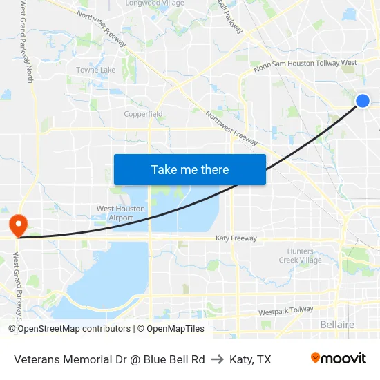 Veterans Memorial Dr @ Blue Bell Rd to Katy, TX map