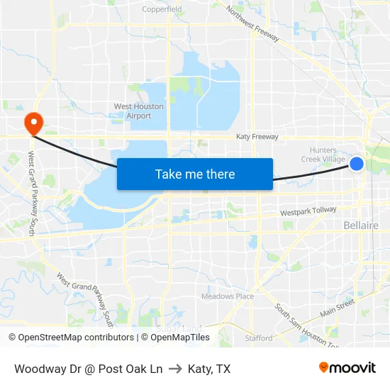 Woodway  Dr @ Post Oak Ln to Katy, TX map