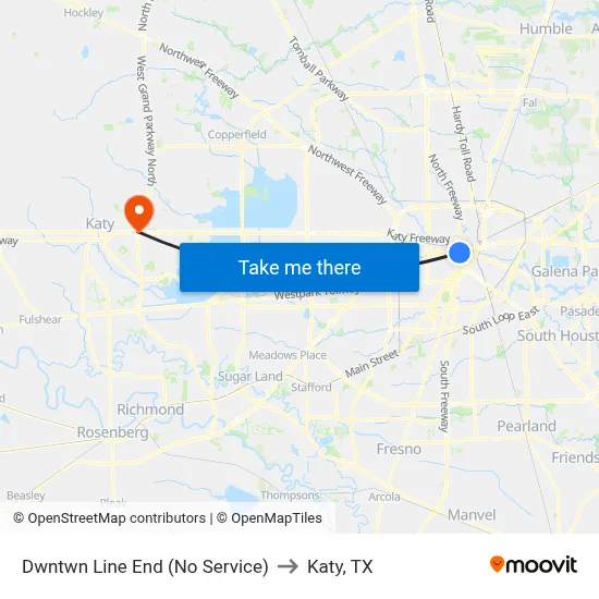 Dwntwn Line End (No Service) to Katy, TX map