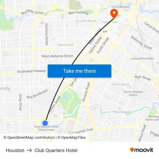 Houston to Club Quarters Hotel map