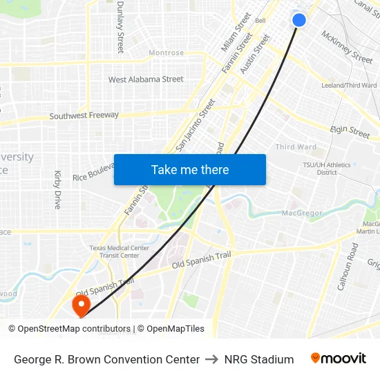 George R. Brown Convention Center to NRG Stadium map