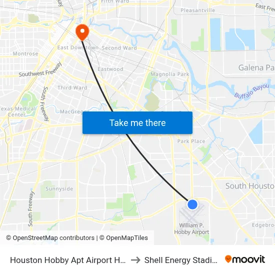 Houston Hobby Apt Airport HOU to Shell Energy Stadium map