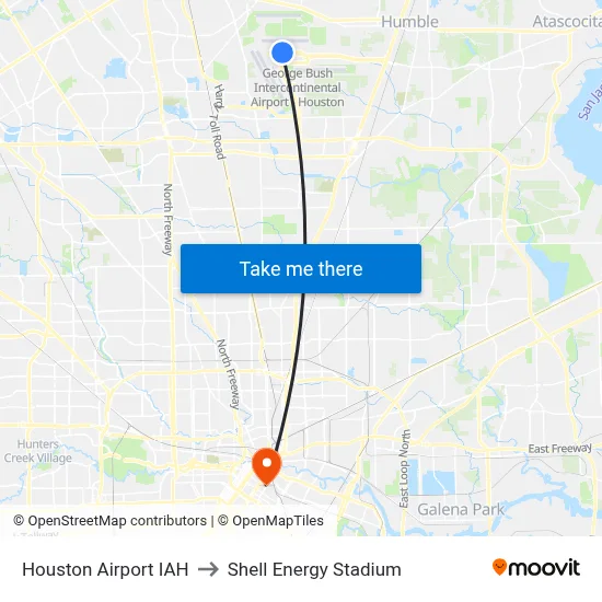 Houston Airport IAH to Shell Energy Stadium map