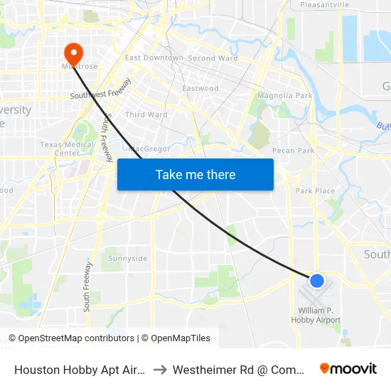 Houston Hobby Apt Airport HOU to Westheimer Rd @ Commonwealth map