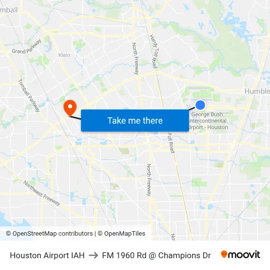 Houston Airport IAH to FM 1960 Rd @ Champions Dr map