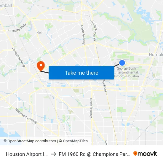 Houston Airport IAH to FM 1960 Rd @ Champions Park Dr map