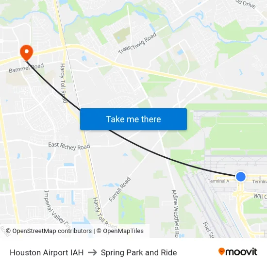 Houston Airport IAH to Spring Park and Ride map