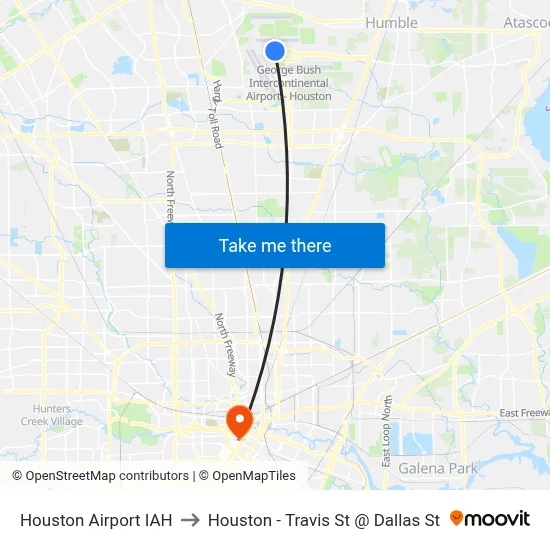 Houston Airport IAH to Houston - Travis St @ Dallas St map