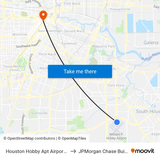 Houston Hobby Apt Airport HOU to JPMorgan Chase Building map