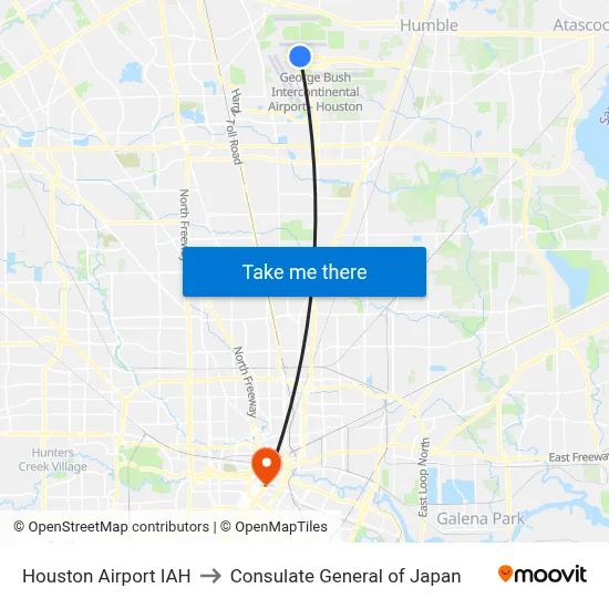 Houston Airport IAH to Consulate General of Japan map