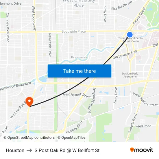 Houston to S Post Oak Rd @ W Bellfort St map