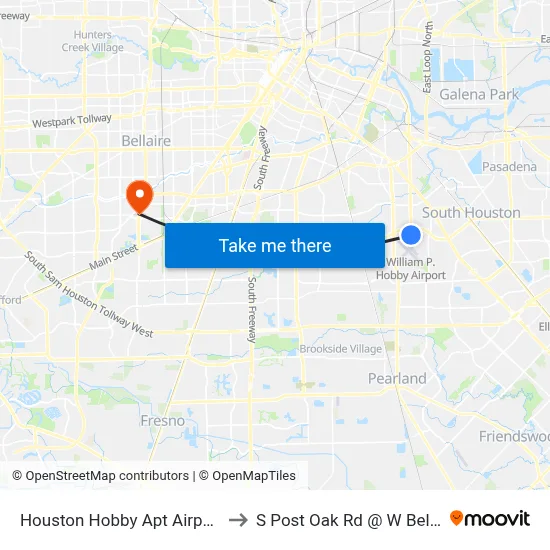 Houston Hobby Apt Airport HOU to S Post Oak Rd @ W Bellfort St map