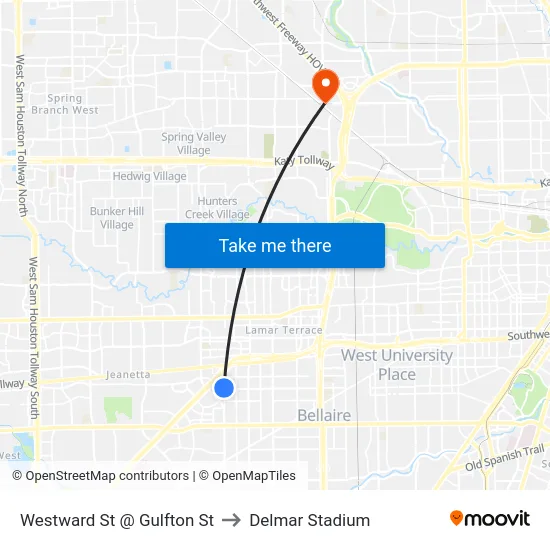 Westward St @ Gulfton St to Delmar Stadium map