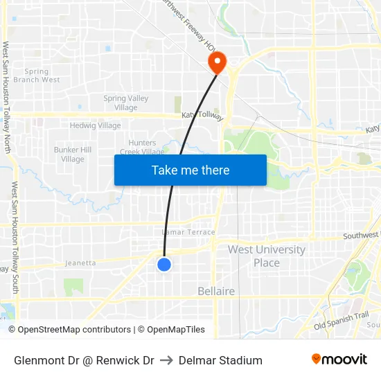 Glenmont Dr @ Renwick Dr to Delmar Stadium map