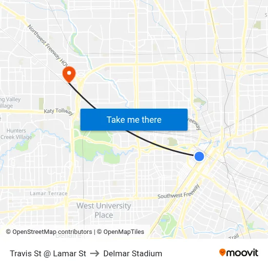 Travis St @ Lamar St to Delmar Stadium map