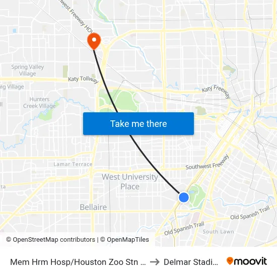 Mem Hrm Hosp/Houston Zoo Stn Nb to Delmar Stadium map
