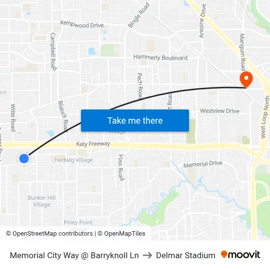 Memorial City Way @ Barryknoll Ln to Delmar Stadium map