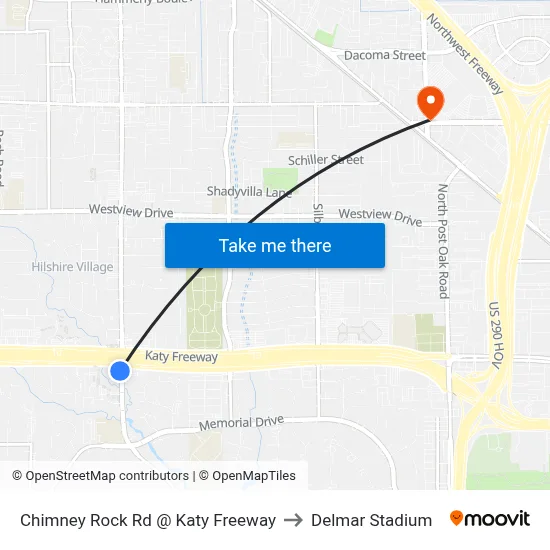 Chimney Rock Rd @ Katy Freeway to Delmar Stadium map