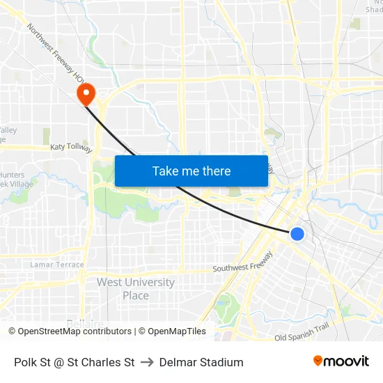 Polk St @ St Charles St to Delmar Stadium map