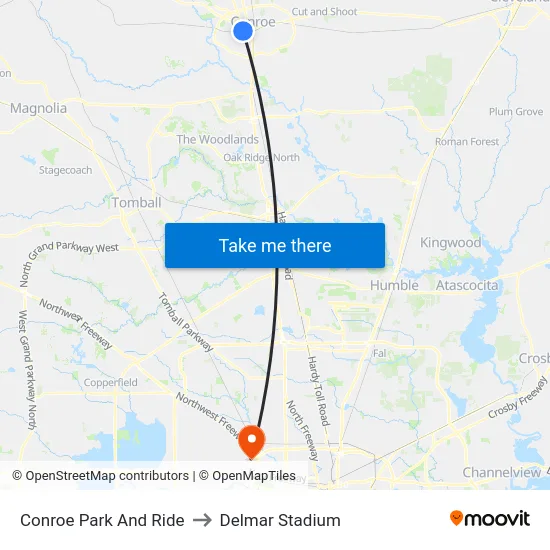 Conroe Park And Ride to Delmar Stadium map