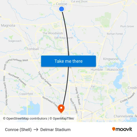 Conroe (Shell) to Delmar Stadium map