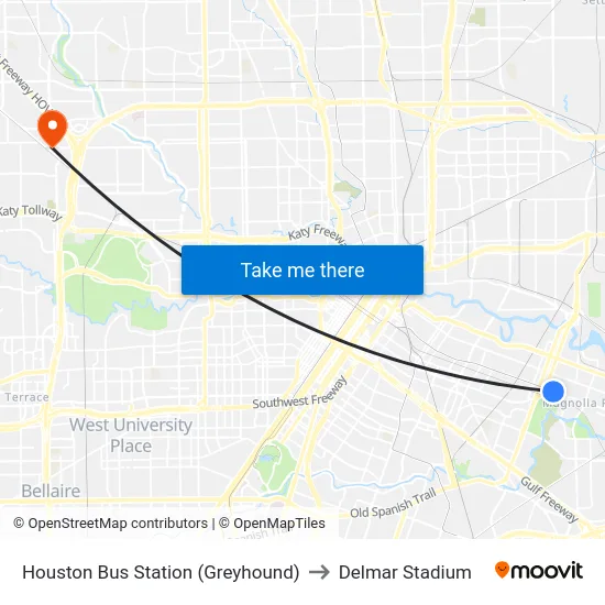 Houston Bus Station (Greyhound) to Delmar Stadium map