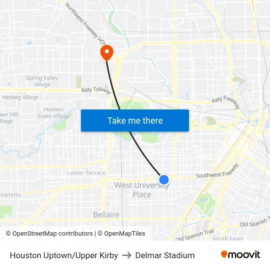 Houston Uptown/Upper Kirby to Delmar Stadium map