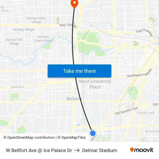 W Bellfort Ave @ Ice Palace Dr to Delmar Stadium map