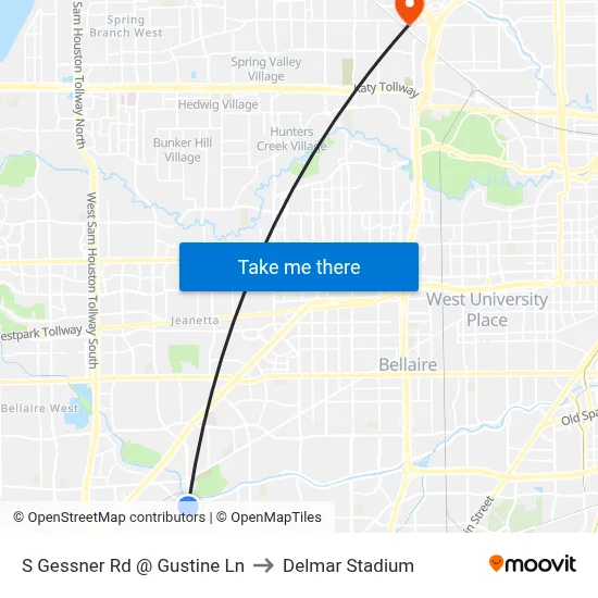 S Gessner Rd @ Gustine Ln to Delmar Stadium map