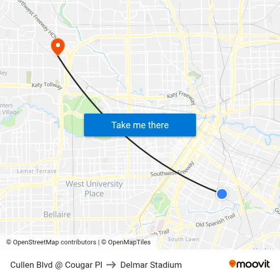 Cullen Blvd @ Cougar Pl to Delmar Stadium map