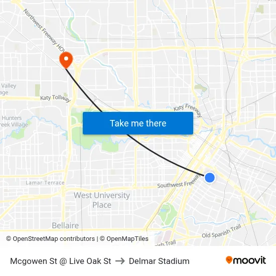 Mcgowen St @ Live Oak St to Delmar Stadium map