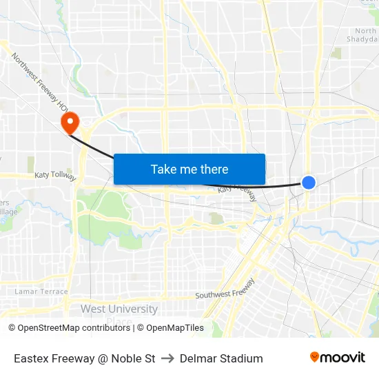 Eastex Freeway @ Noble St to Delmar Stadium map