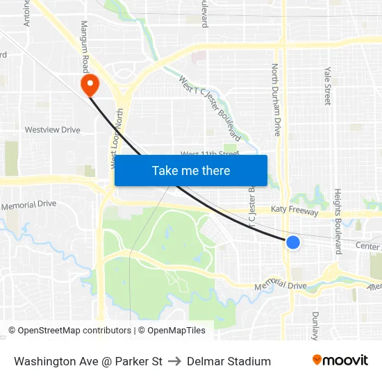 Washington Ave @ Parker St to Delmar Stadium map