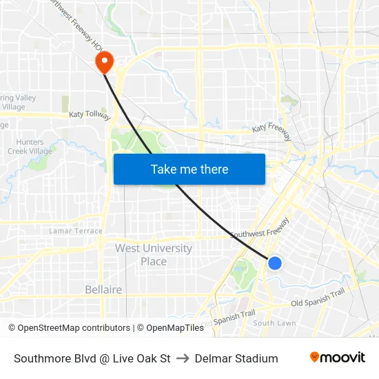Southmore Blvd @ Live Oak St to Delmar Stadium map