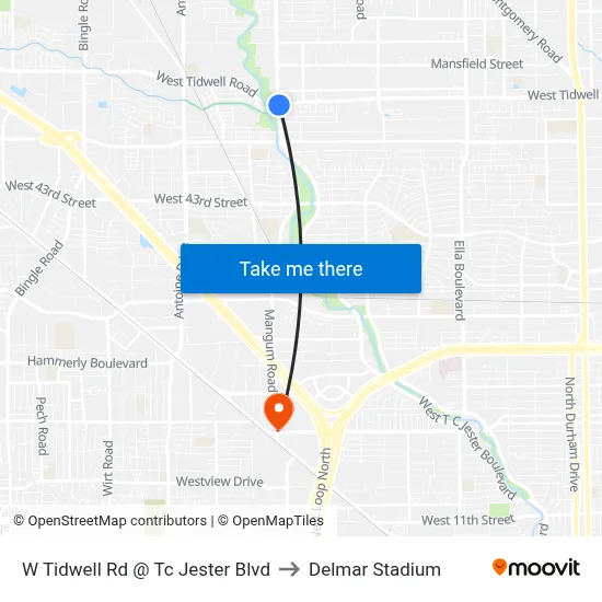 W Tidwell Rd @ Tc Jester Blvd to Delmar Stadium map