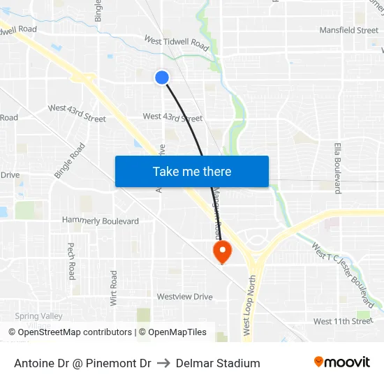 Antoine Dr @ Pinemont Dr to Delmar Stadium map