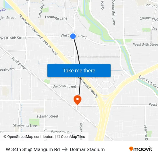 W 34th St @ Mangum Rd to Delmar Stadium map