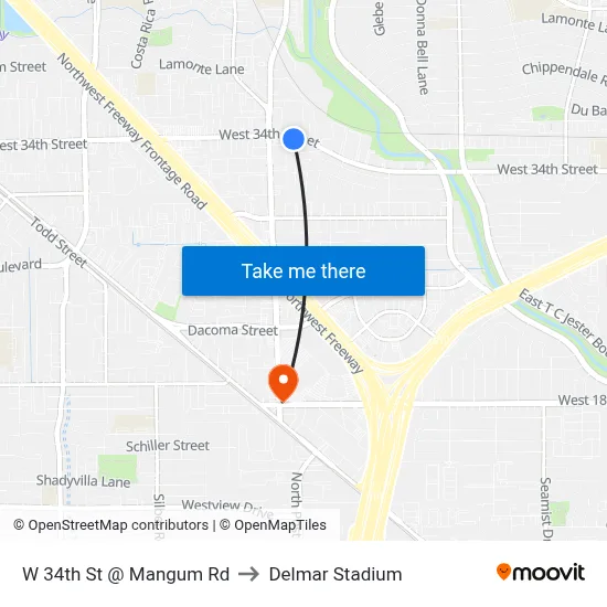 W 34th St @ Mangum Rd to Delmar Stadium map