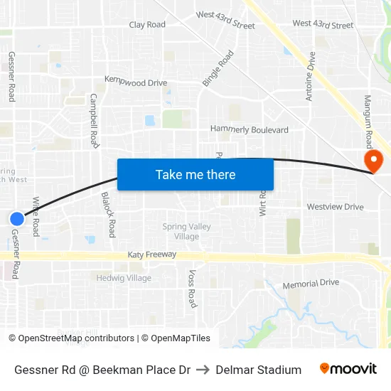 Gessner Rd @ Beekman Place Dr to Delmar Stadium map