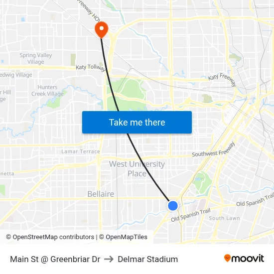 Main St @ Greenbriar Dr to Delmar Stadium map