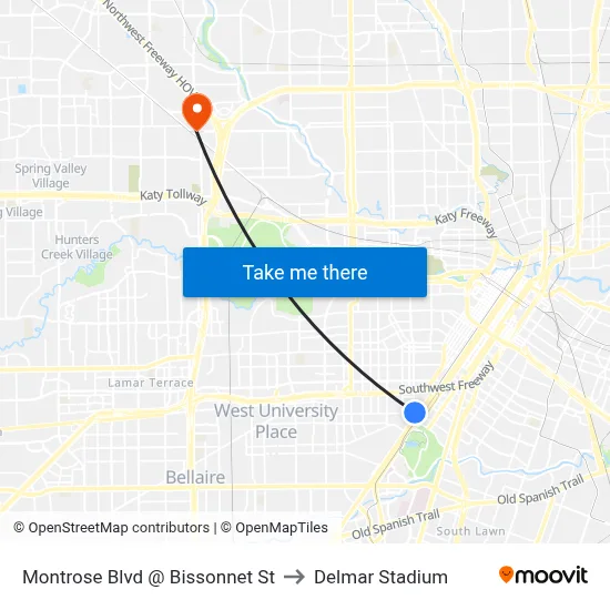 Montrose Blvd @ Bissonnet St to Delmar Stadium map