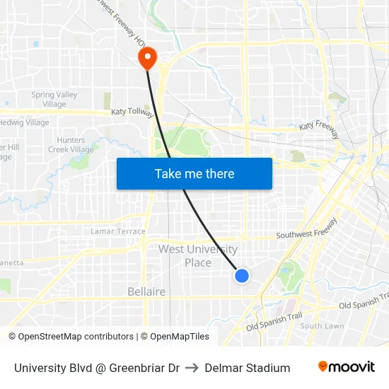 University Blvd @ Greenbriar Dr to Delmar Stadium map